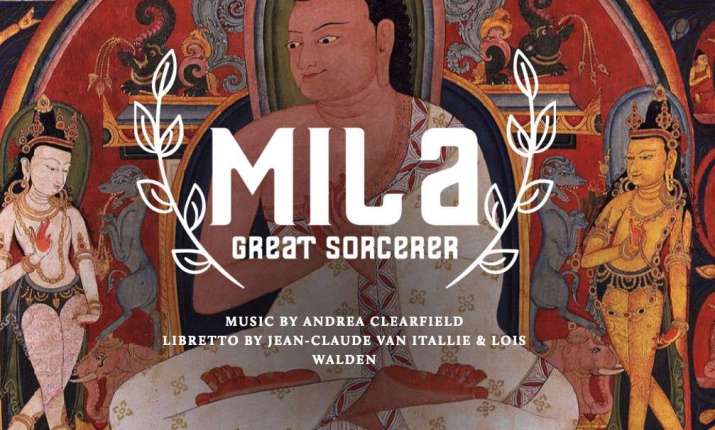 Poster from the premiere performance of <i>Mila, the Great Sorcerer</i>,  Prototype Festival, New York, 2019. The opera tells of Milarepa’s transformation and redemption into a revered teacher of Tibetan Buddhism. Image courtesy of Buddhist Opera