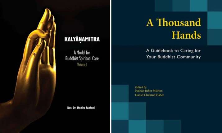 Book covers for <i>Kalyāṇamitra: A Model for Buddhist Spiritual Care, Volume 1</i> by Rev. Dr. Monica Sanford and <i>A Thousand Hands: A Guidebook to Caring for Your Buddhist Community</i>, edited by Nathan Jishin Michon and Daniel Clarkson Fisher. Images from sumeru-books.com
