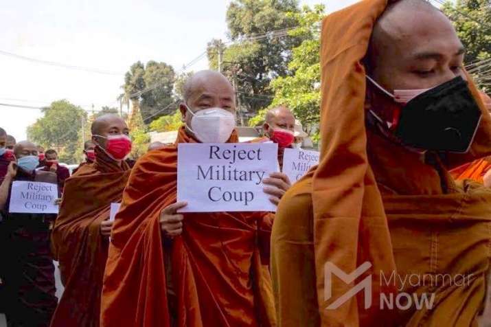 Monks in the former capital Yangon protest against the military coup. From myanmar-now.org