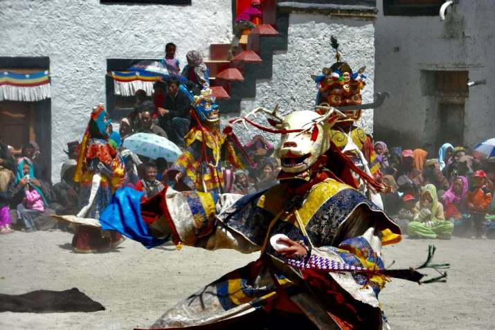 A stag dancer leads the spiral as part of the retinue of Mahakala, leader of the sacrifice, who follows and who, in turn, is followed by more protective deities. Sharchukul Drikung Kagyu Monastery, Ladakh, 2014. Photo by Joseph Houseal for Core of Culture