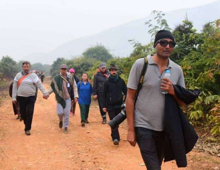 Deepak Anand walks in the footsteps of the Buddha with monastics and lay Buddhists from Plum Village. Image courtesy of Deepak Anand