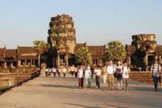 A terrace in the Angkor Wat complex, which is situated on a 200-sq-km area on the flood plain of the Tonle Sap lake at the foot of the Kulen mountains.