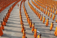 30,000 don robes in mass ordination ceremony in front of Dharmakaya Ceitiya, Thailand